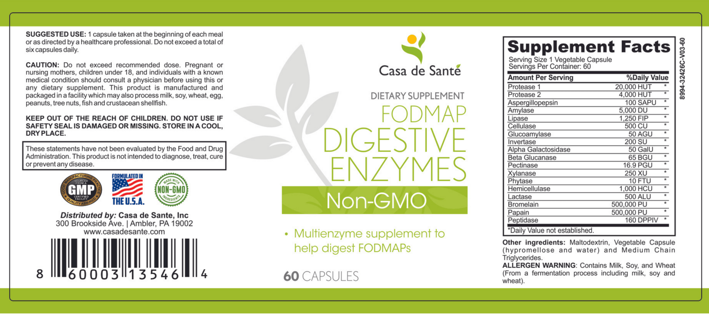 FODMAP Digestive Enzymes, Certified Low FODMAP| Manage IBS & Food Intolerances| Multi Enzyme Blend| Non GMO - casa de sante