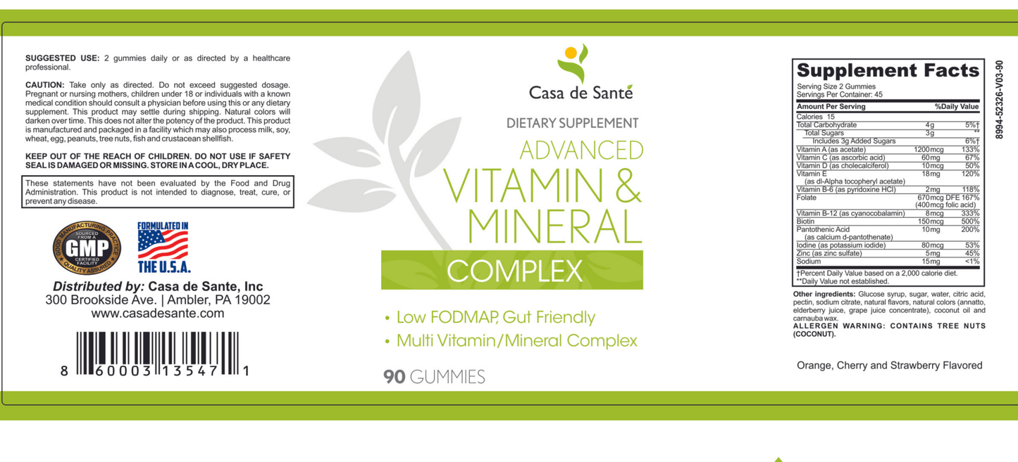 Low FODMAP Vitamin & Mineral Gummies for IBS, SIBO, IBD, Crohn's, Colitis & Malabsorption, Gut Friendly, No Bloating, Low FODMAP Certified - casa de sante