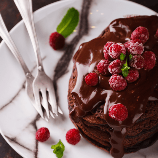 Low FODMAP Chocolate Raspberry Protein Pancakes Recipe