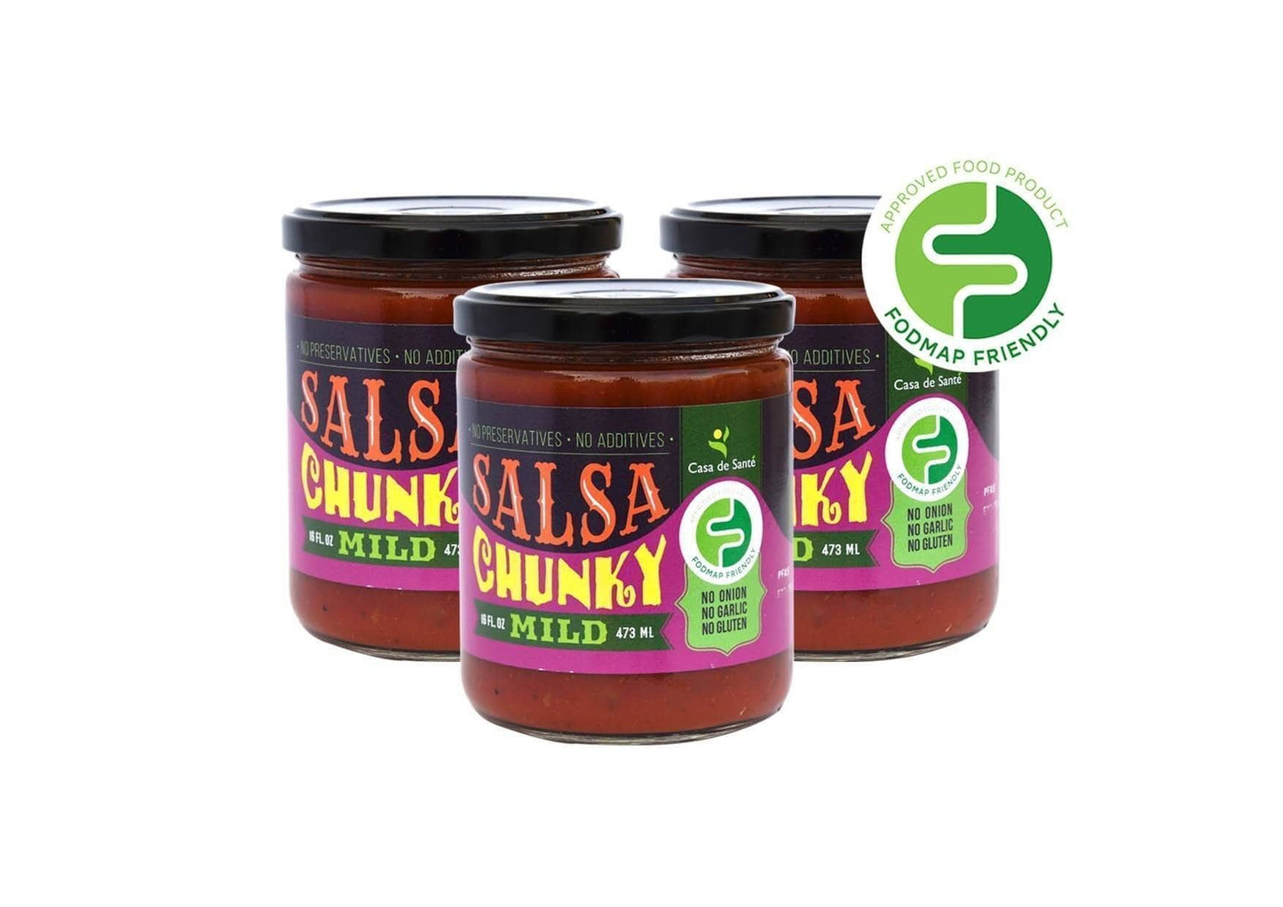 Low FODMAP Certified Salsa - No Onion No Garlic, Low Sodium, Gut Friendly, Artisan, Mild, Chunky (Pack of 3) - casa de sante