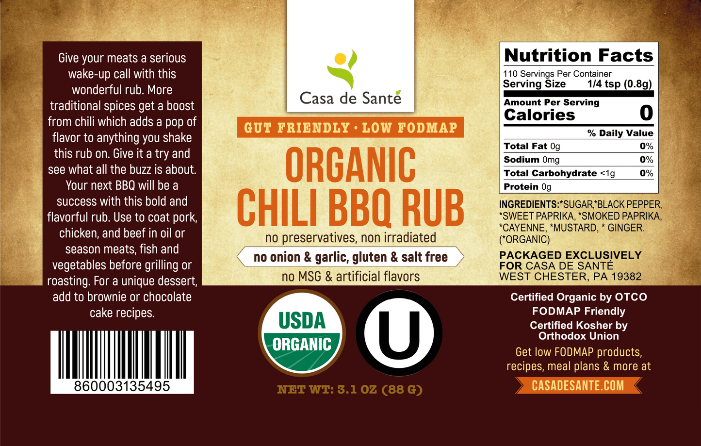 Organic Low FODMAP Spice Mix (Chili BBQ Rub) - No Onion No Garlic, Gluten Free, No Sodium, No Carb, Keto, Paleo, Kosher - casa de sante