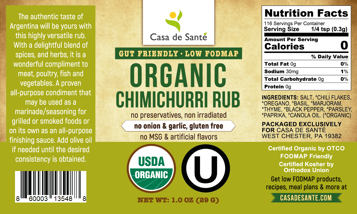 Organic Low FODMAP Spice Mix (Chimichurri Rub) - No Onion No Garlic, Gluten Free, Low Sodium, No Carb, Keto, Paleo, Kosher - casa de sante